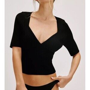 Free People Intimately Teagan Swit Women XS Top Short Sleeve Black V-Neck NEW